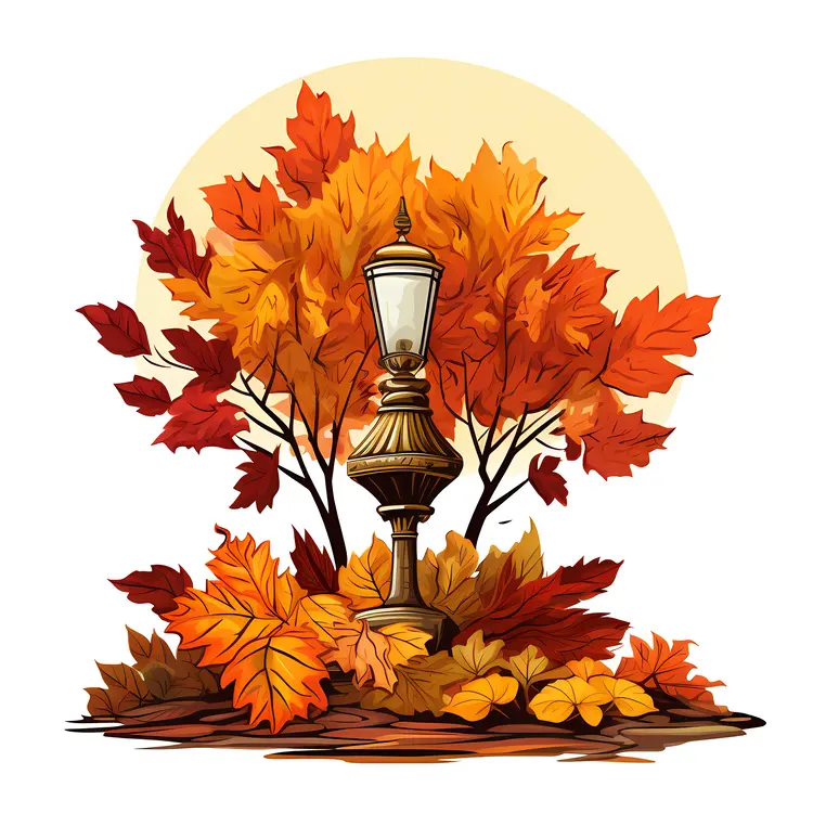 Autumn Lamp Post with Colorful Leaves