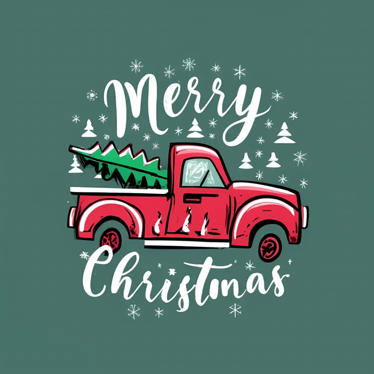 Red Truck with Christmas Tree and Merry Christmas Text