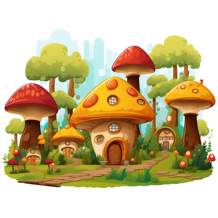 Fantasy Mushroom Houses in a Forest