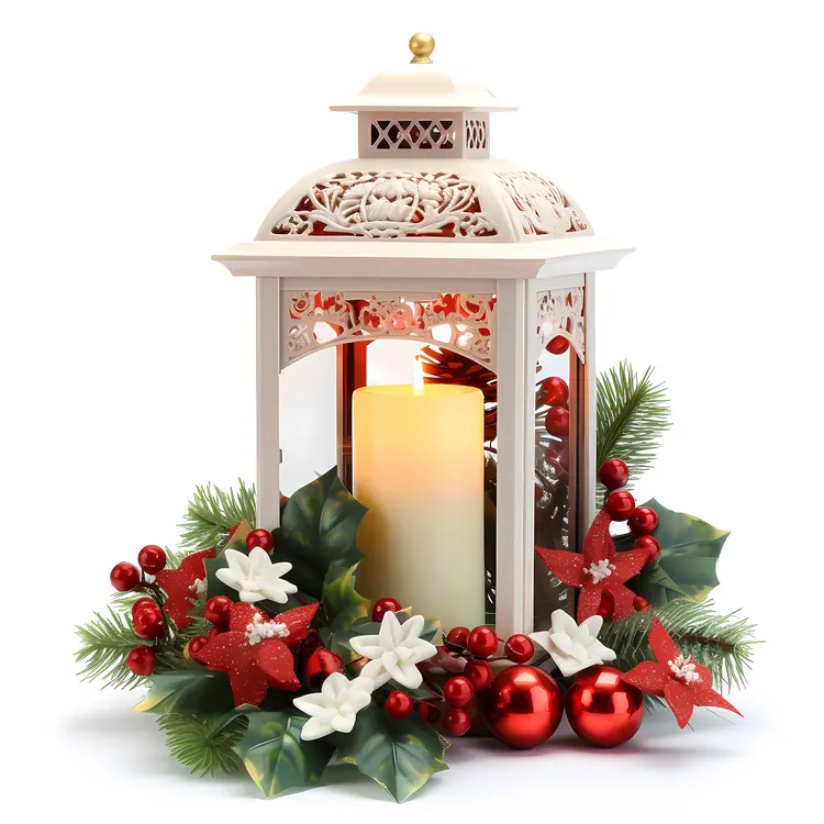 White Lantern with Candle and Christmas Ornaments