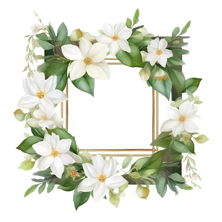 Elegant Floral Frame with White Flowers and Green Leaves