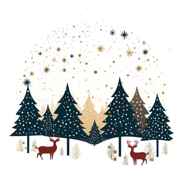 Winter Forest with Deer and Snow