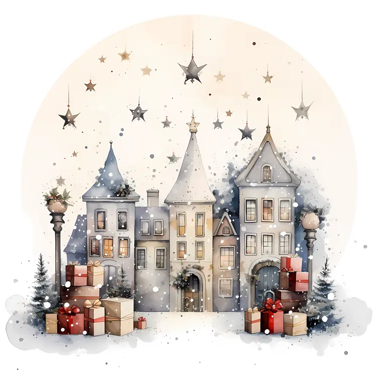 Snowy Christmas Village with Gifts
