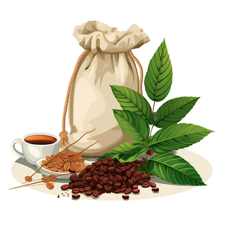 Coffee Beans and Sack with Green Leaves