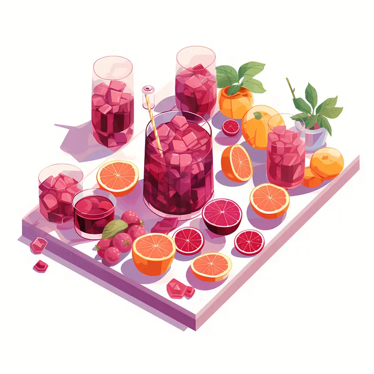 Red Sangria with Fresh Fruits and Ice Cubes