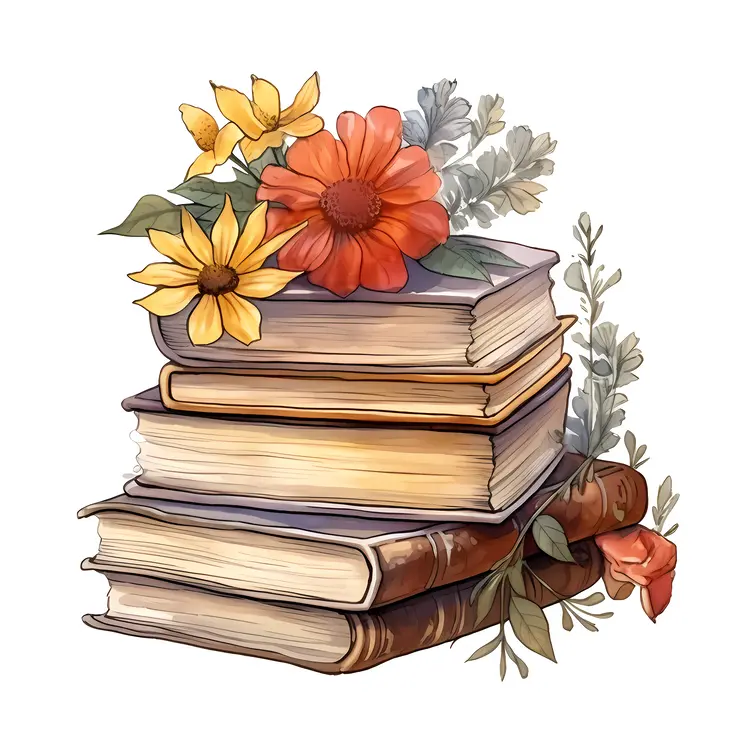 Stack of Books with Flowers