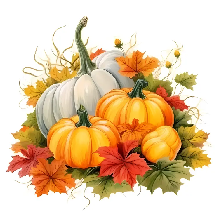 Colorful Pumpkins with Autumn Leaves for Fall Season