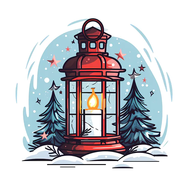 Red Lantern with Candle and Trees