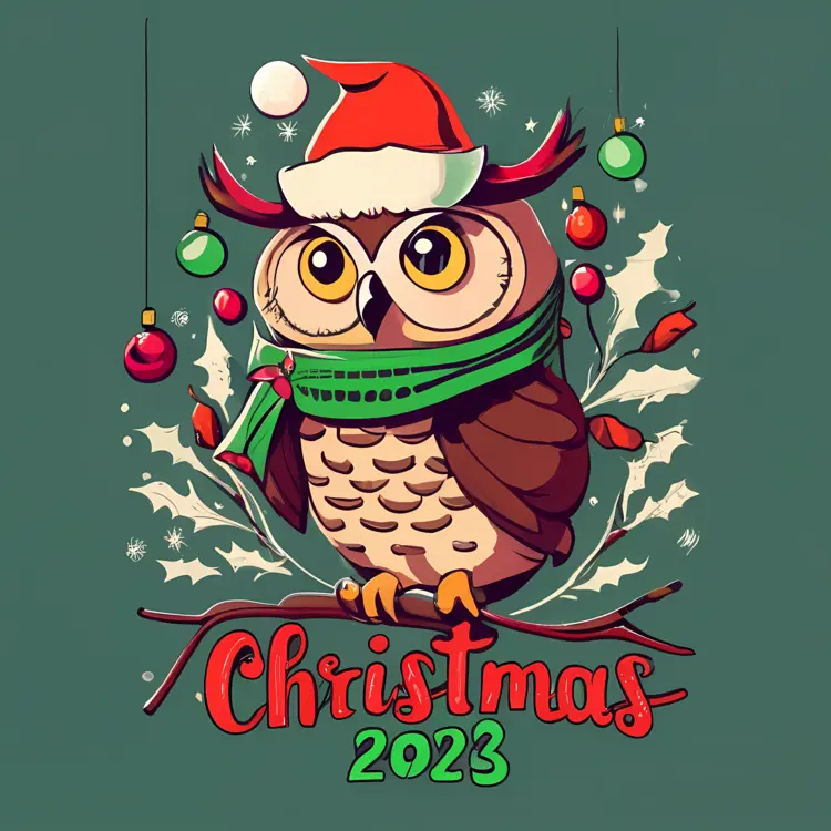 Owl with Christmas Hat and Scarf 2023