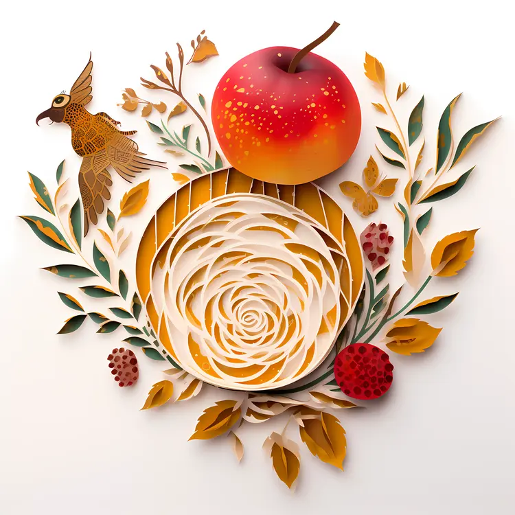 Artistic Apple with Leaves and Bird in Decorative Style