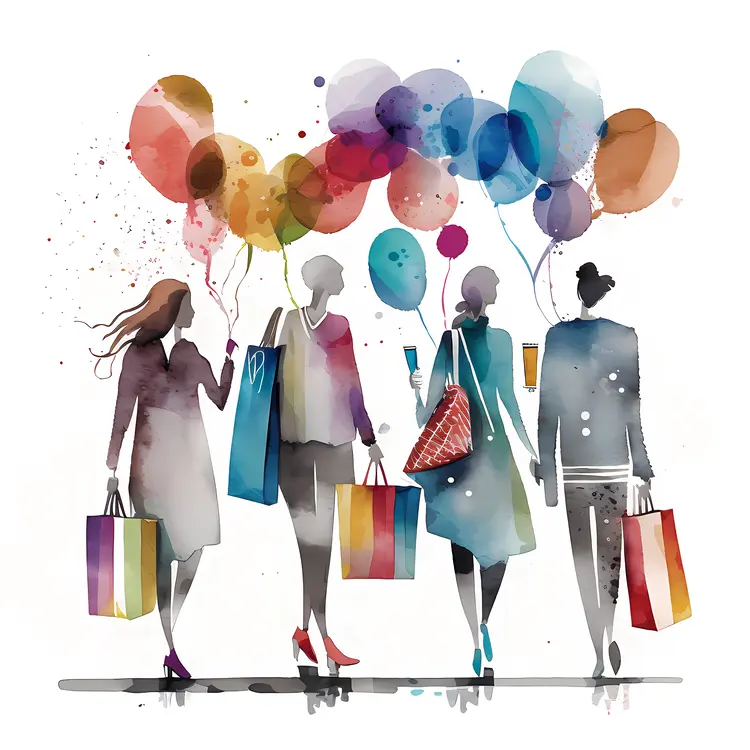 Group of Women with Shopping Bags and Balloons