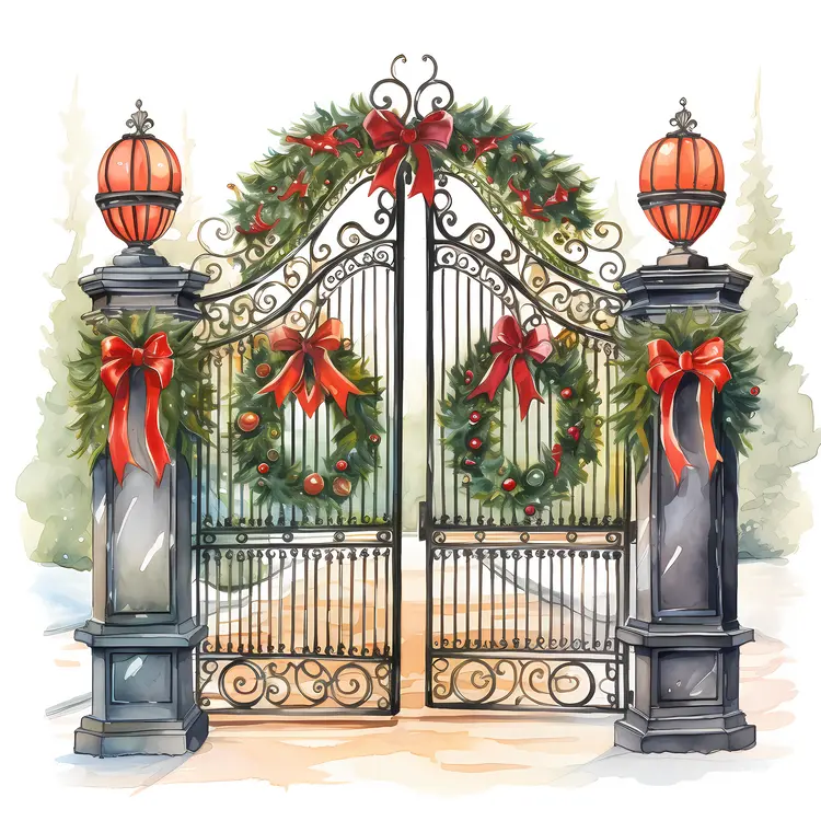 Decorated Gate with Wreath and Bow for Christmas