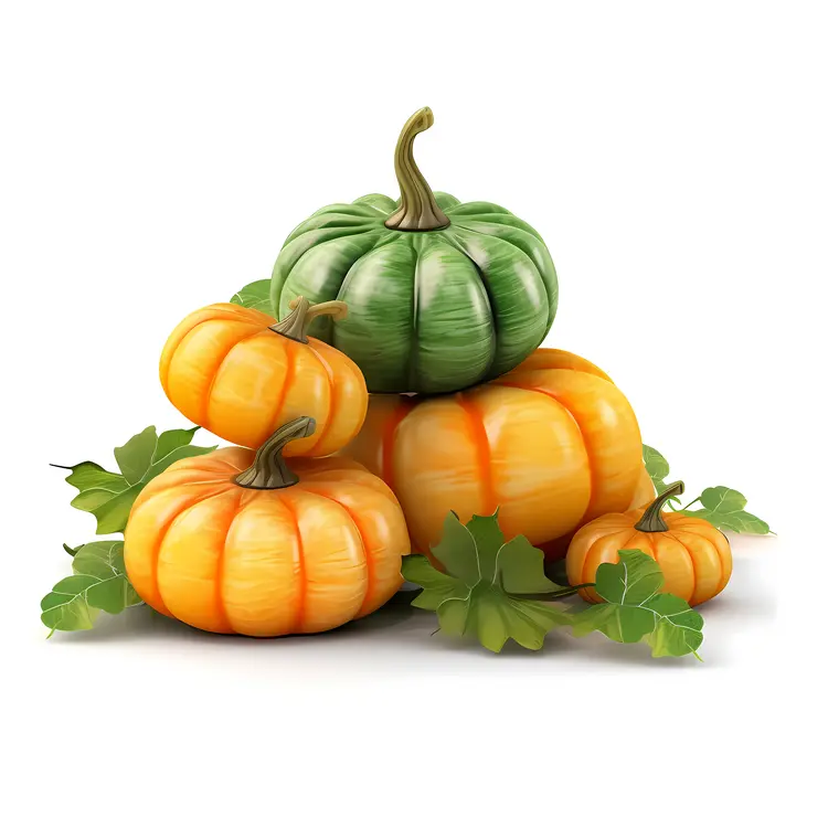 Stacked Pumpkins with Green Leaves