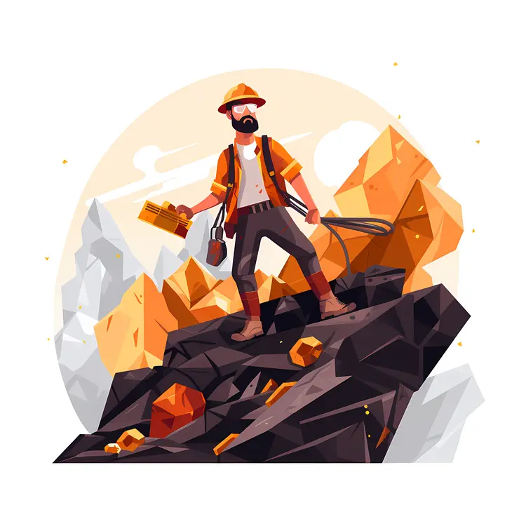 Miner with Tools in a Rocky Landscape