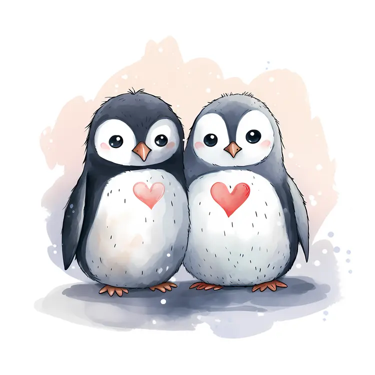 Cute Penguins with Hearts in Snow