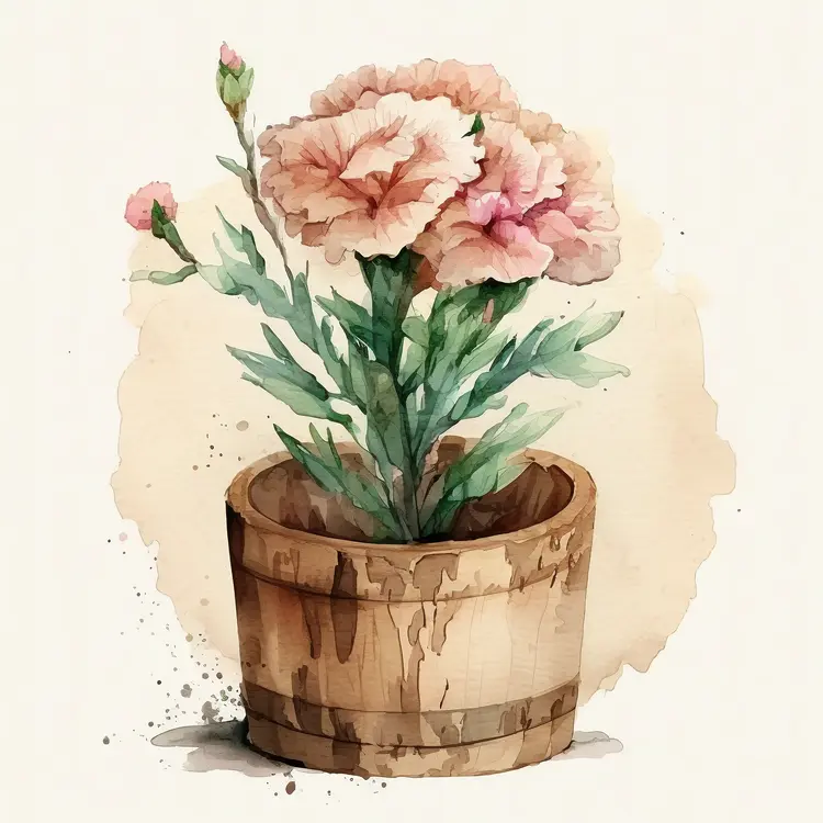 Beautiful Carnation in Wooden Pot Watercolor Illustration