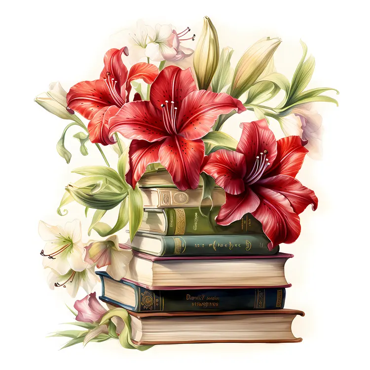 Red Lilies and Books Illustration