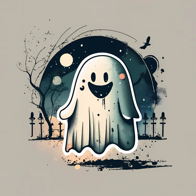 Cute Ghost with Spooky Graveyard Background for Halloween