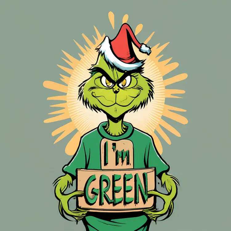 Grinch in Santa Hat with I'm Green Sign