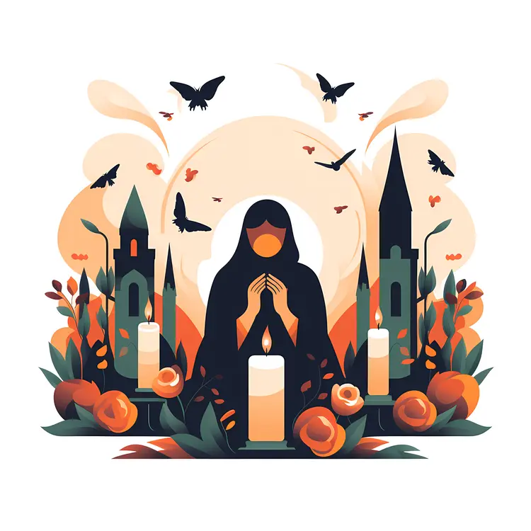 Praying Woman with Candles and Church Background