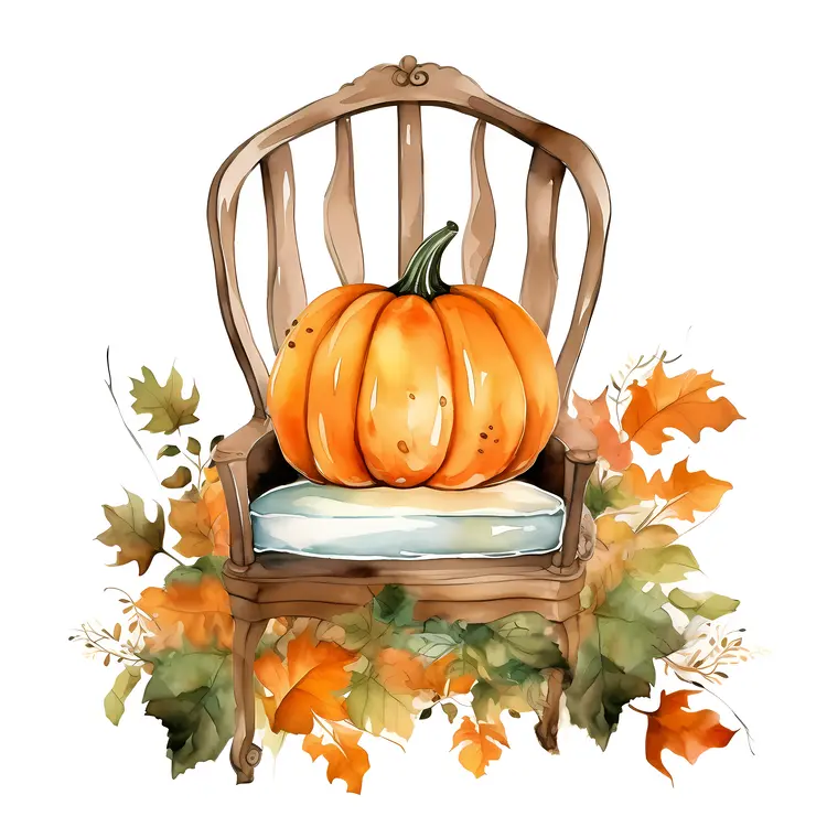Pumpkin on Chair with Autumn Leaves