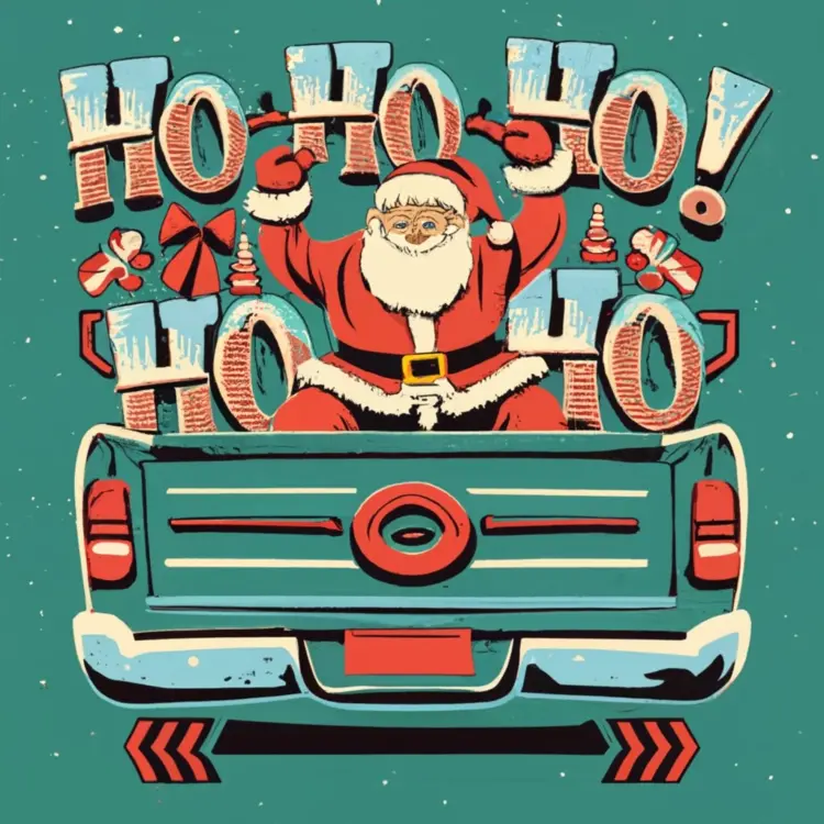 Santa Claus Cheering in Truck with Gifts