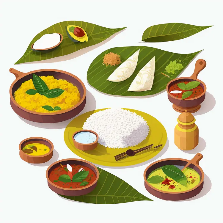 Traditional Cuisine with Leaves and Bowls