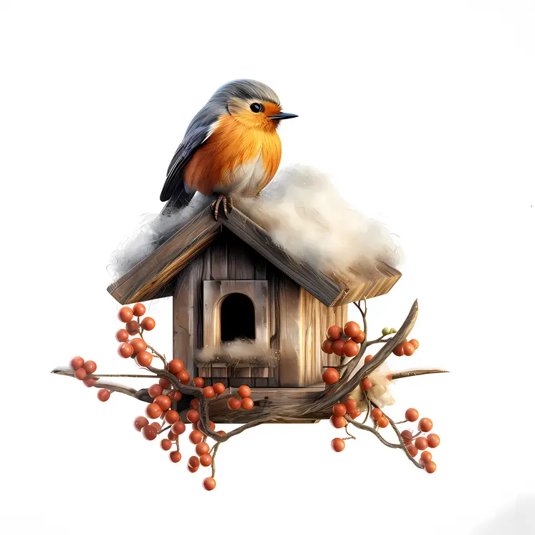 Bird on Birdhouse with Berries