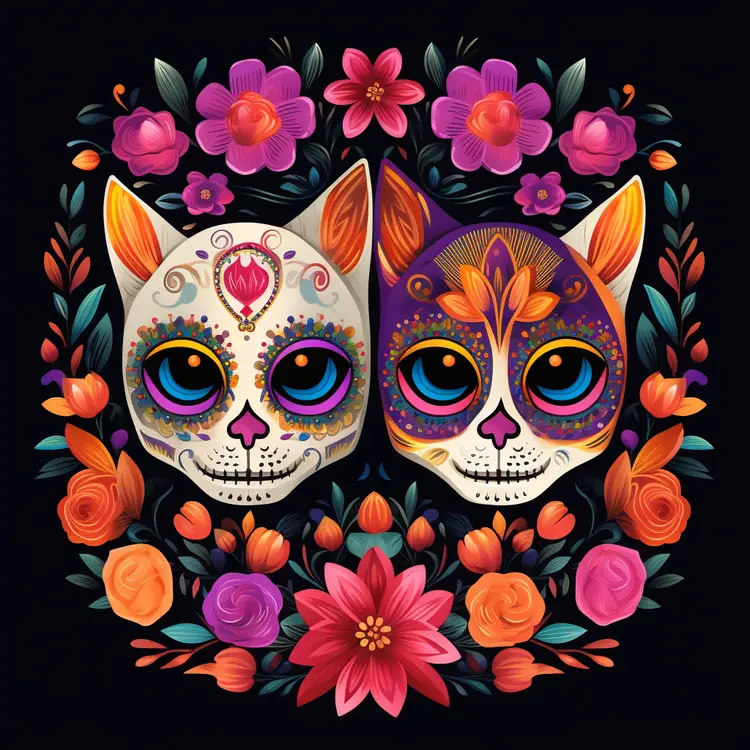 Colorful Sugar Skull Cats for Day of the Dead Celebration