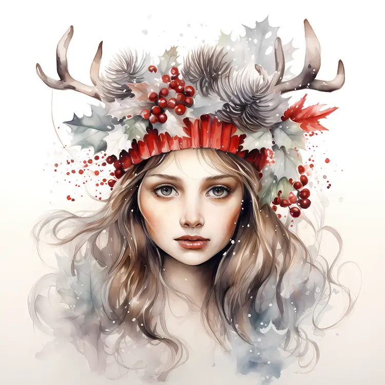 Girl with Antlers and Holly Decorations