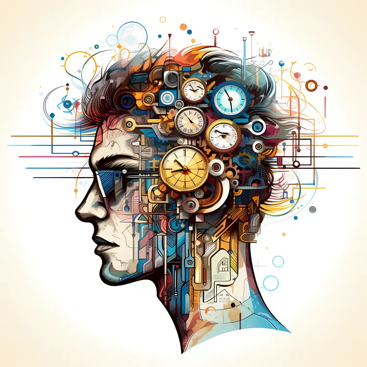 Mechanical Brain with Clocks Illustration