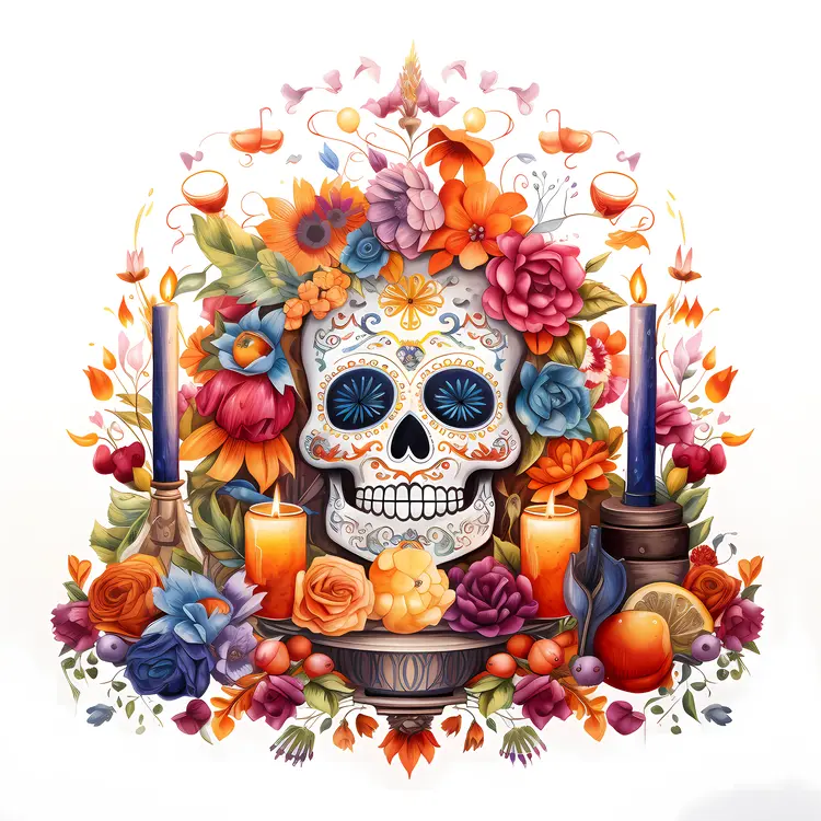 Colorful Decorated Skull with Flowers and Candles for Day of the Dead