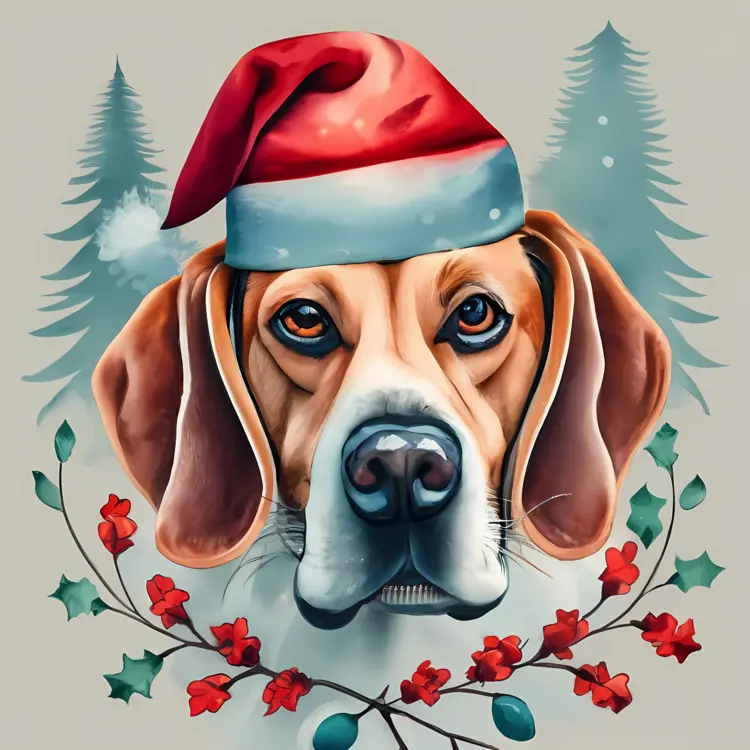 Festive Dog with Santa Hat and Christmas Decorations