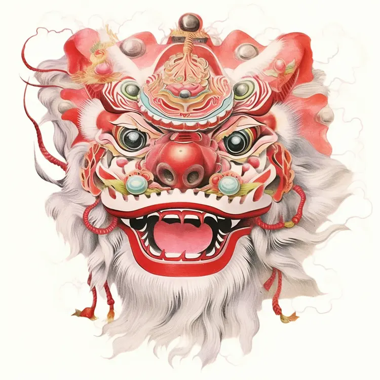 White and Red Traditional Lion Mask