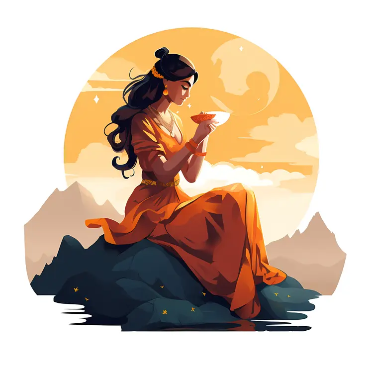 Girl in Orange Dress Holding Lantern