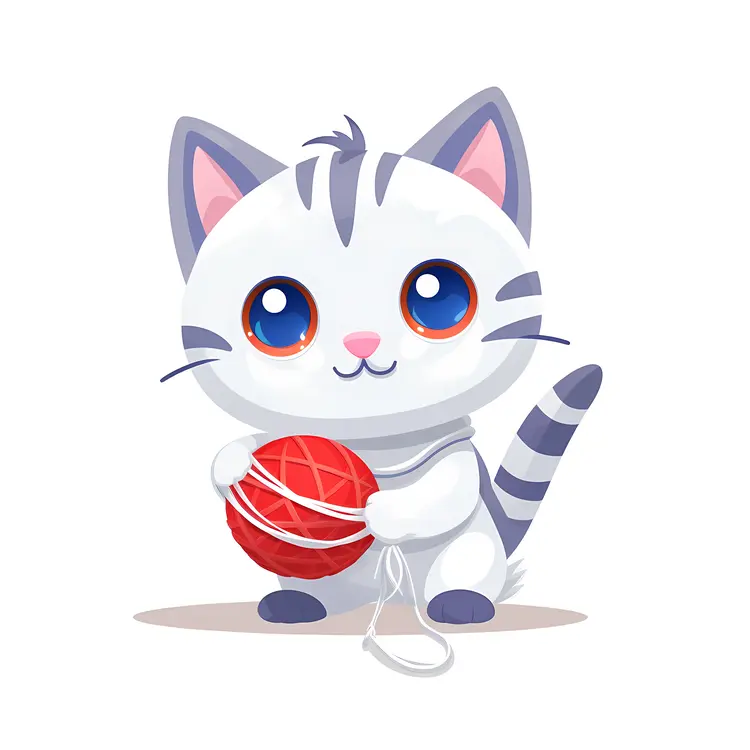Cute Cartoon Cat with Yarn Ball