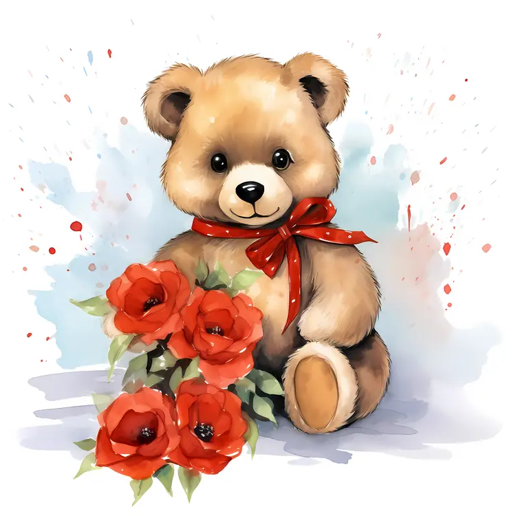 Teddy Bear with Roses and Red Bow