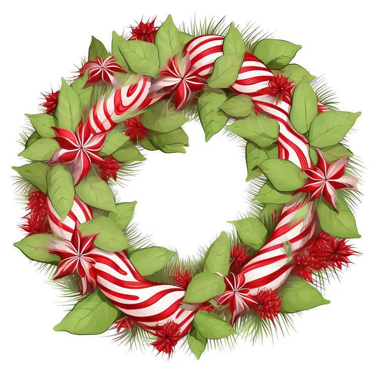 Festive Christmas Wreath with Green Leaves and Red Decorations