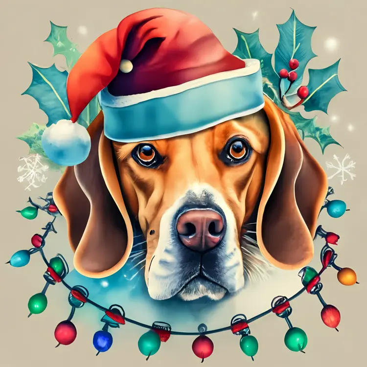 Cheerful Dog with Santa Hat and Christmas Lights