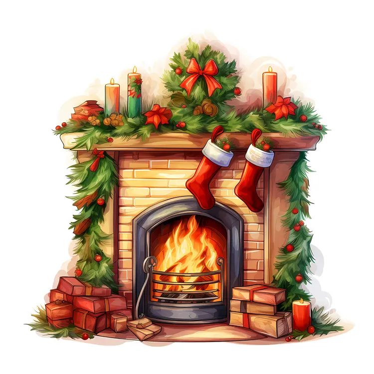 Christmas Fireplace with Stockings and Candles