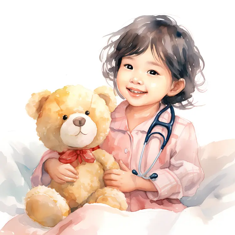 Girl with Teddy Bear and Stethoscope