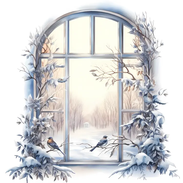 Winter Scene with Birds through Window
