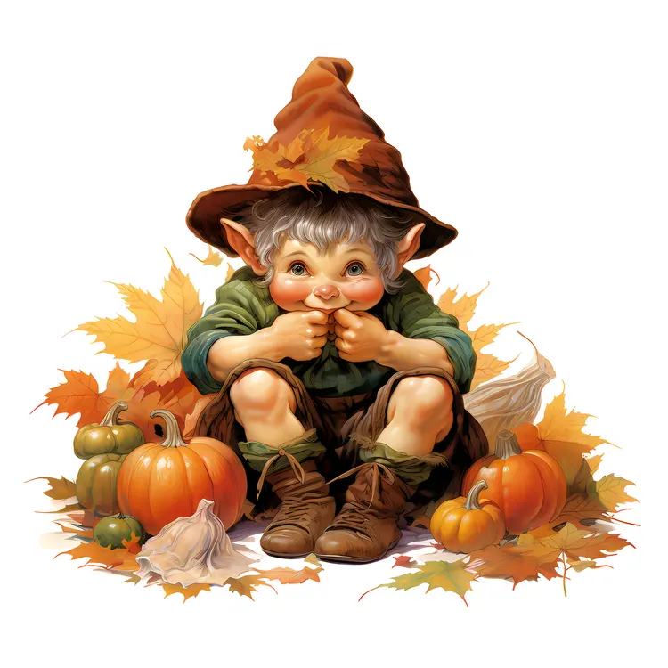 Cute Elf with Pumpkins and Autumn Leaves