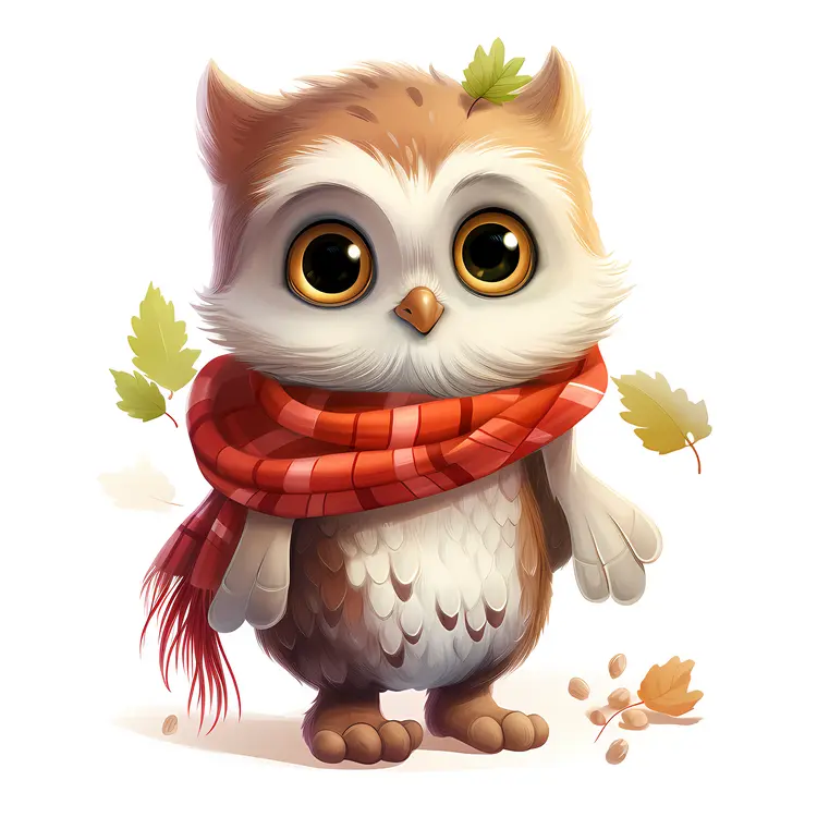Charming Owl with Red Scarf and Autumn Leaves