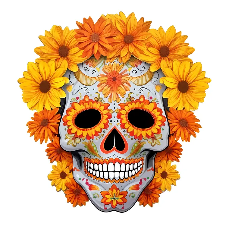 Colorful Sugar Skull with Flowers for Day of the Dead Celebration