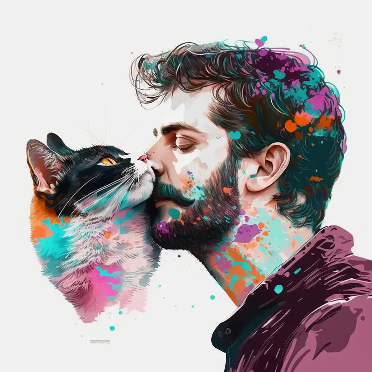 Colorful Artistic Portrait of a Man and His Cat