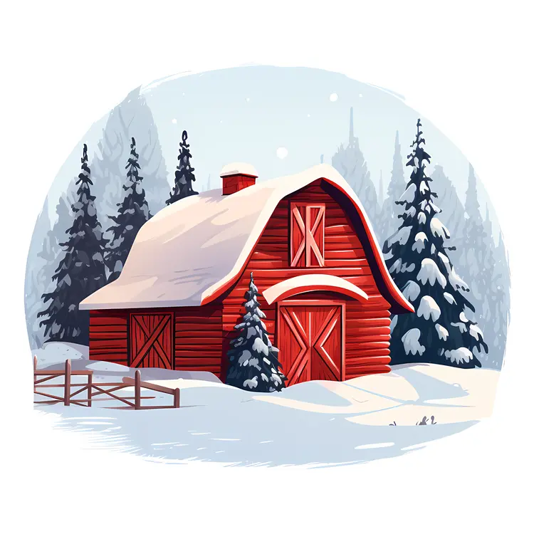 Red Barn in Snowy Forest