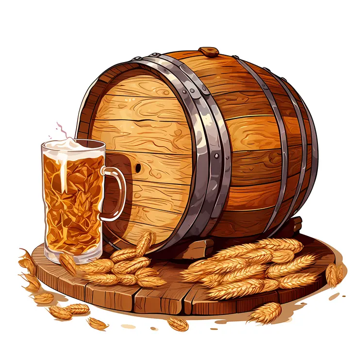 Beer Barrel with Mug and Wheat