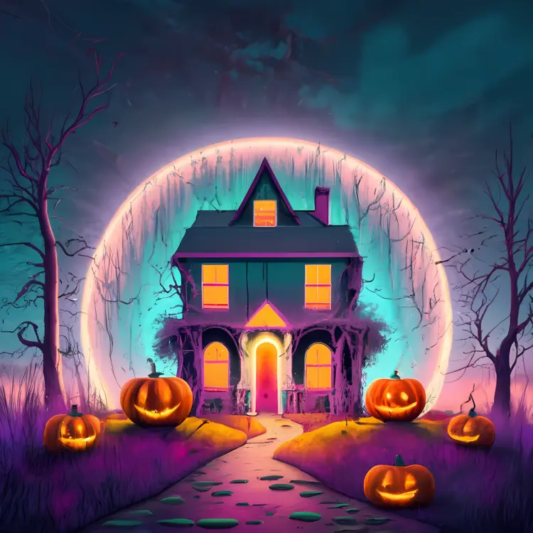 Haunted House with Glowing Pumpkins