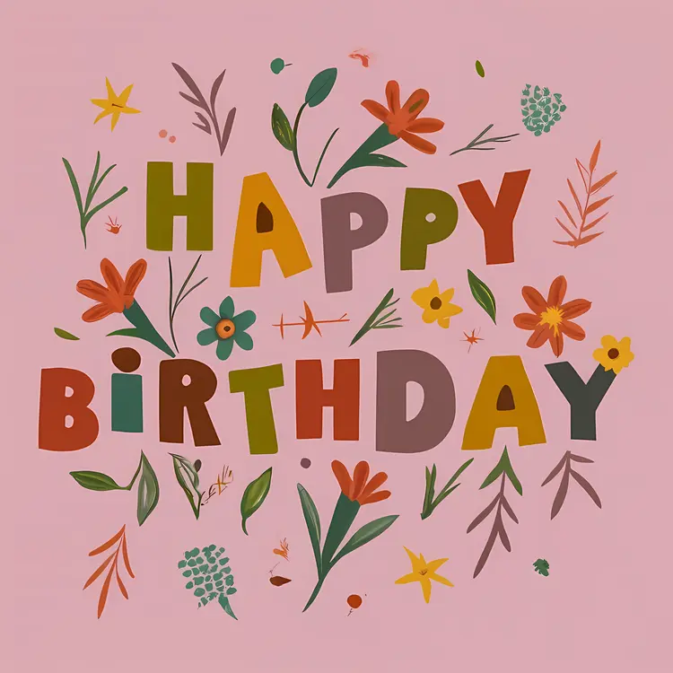 Colorful Happy Birthday Text with Flowers